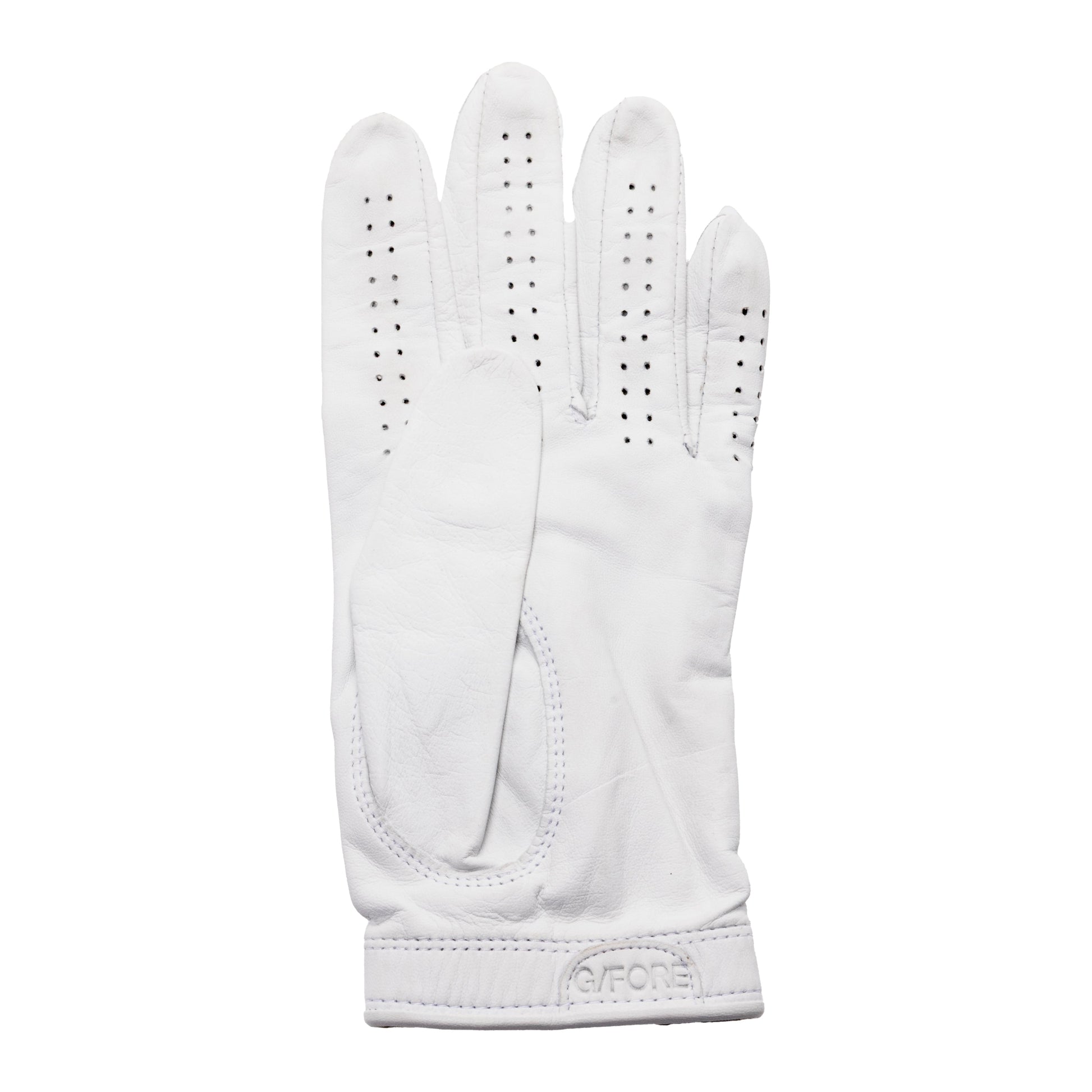 Sun Cruiser x G/FORE white leather golf glove palm view with perforation detail and soft Cabretta leather construction for enhanced grip