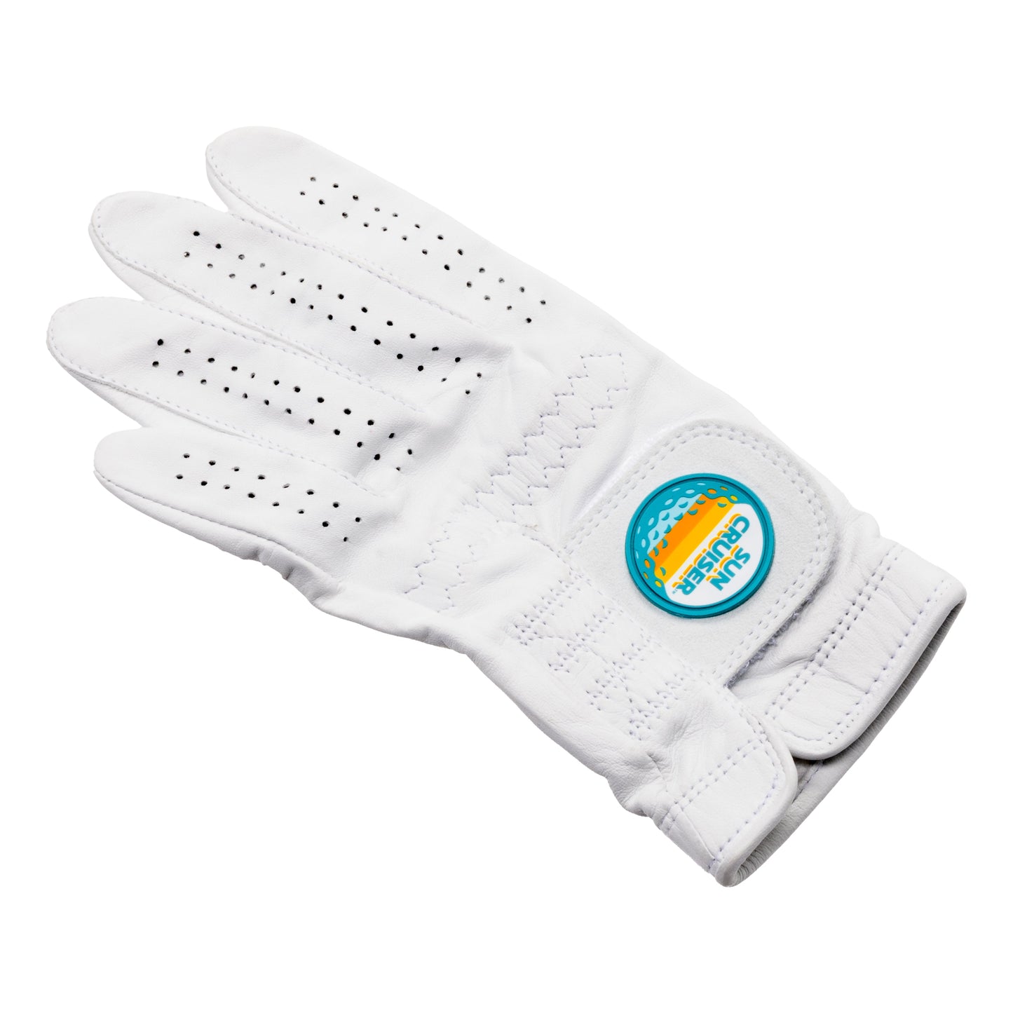 Angled close-up of Sun Cruiser x G/FORE leather golf glove with perforated fingers and branded Sun Cruiser logo tab, premium golf accessory