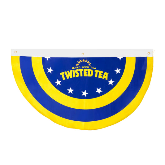 Semi circle Hard Iced Tea, twisted tea pennant in classic blue and yellow. Styled with white stripes and concentric yellow and blue semi-circle lines. Features 3 grommits for hanging