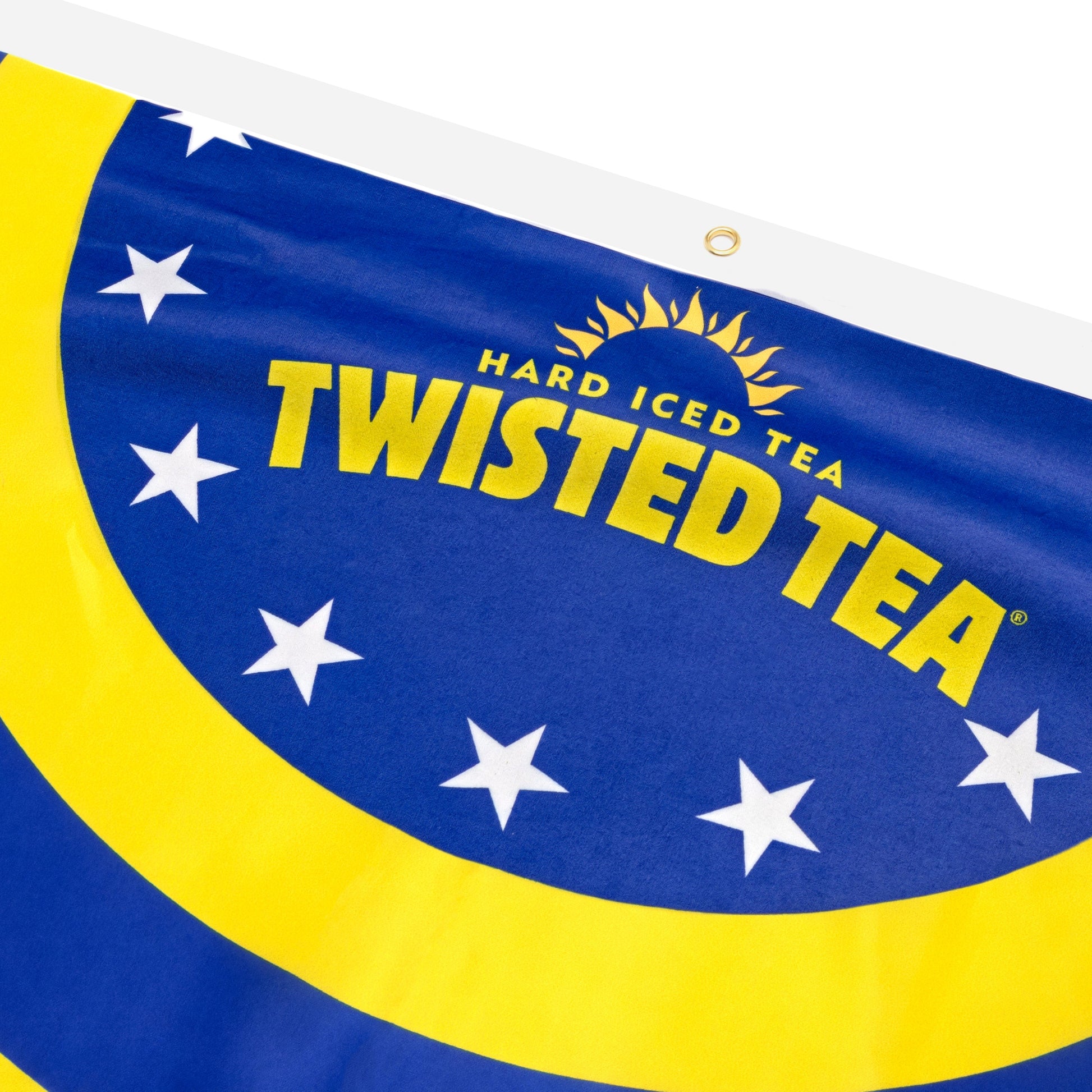 Close up of Hard Iced Tea Twisted Tea logo on a pennant. Features white stars and classic twisted tea blue and yellow styling