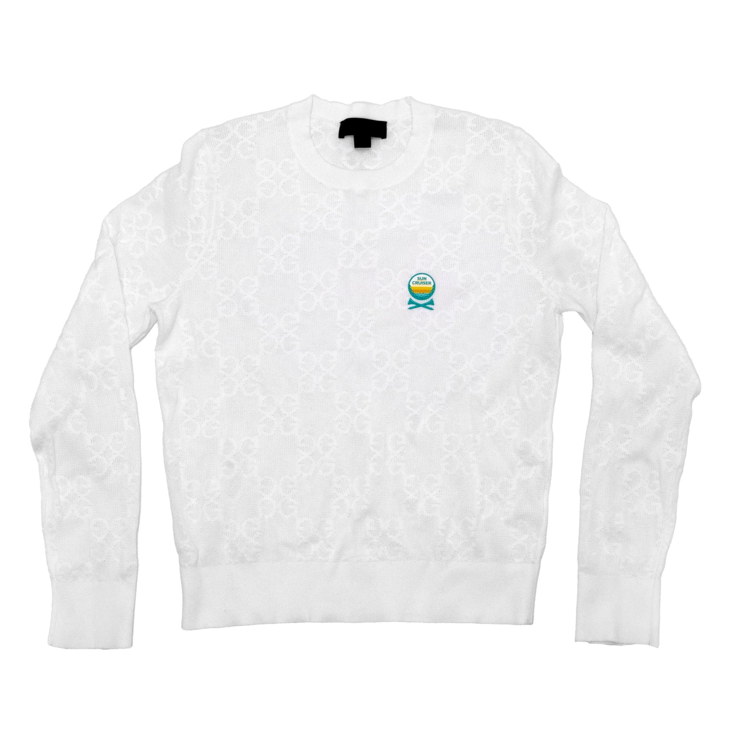 White sweater with a small colorful logo on a white background
