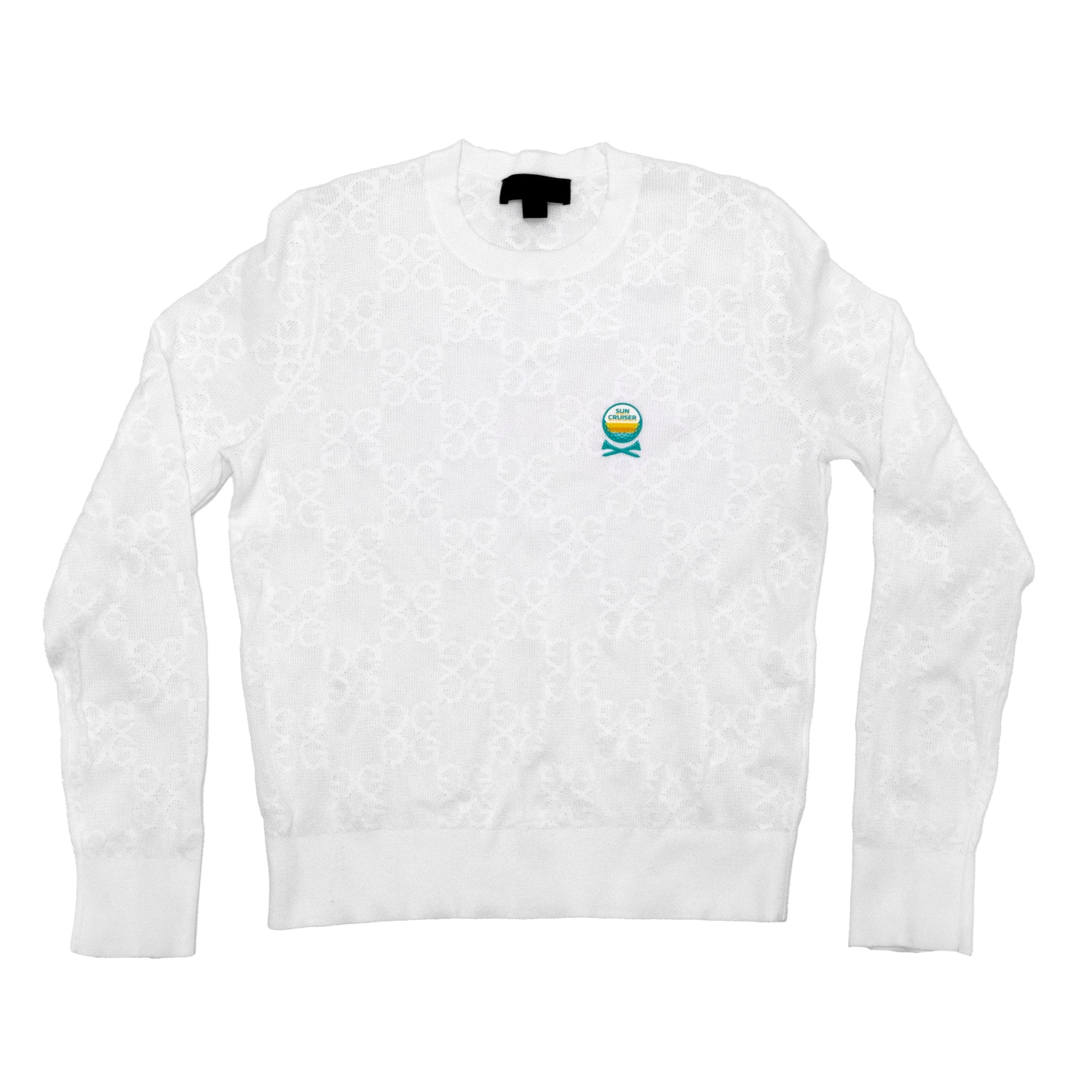 White sweater with a small colorful logo on a white background