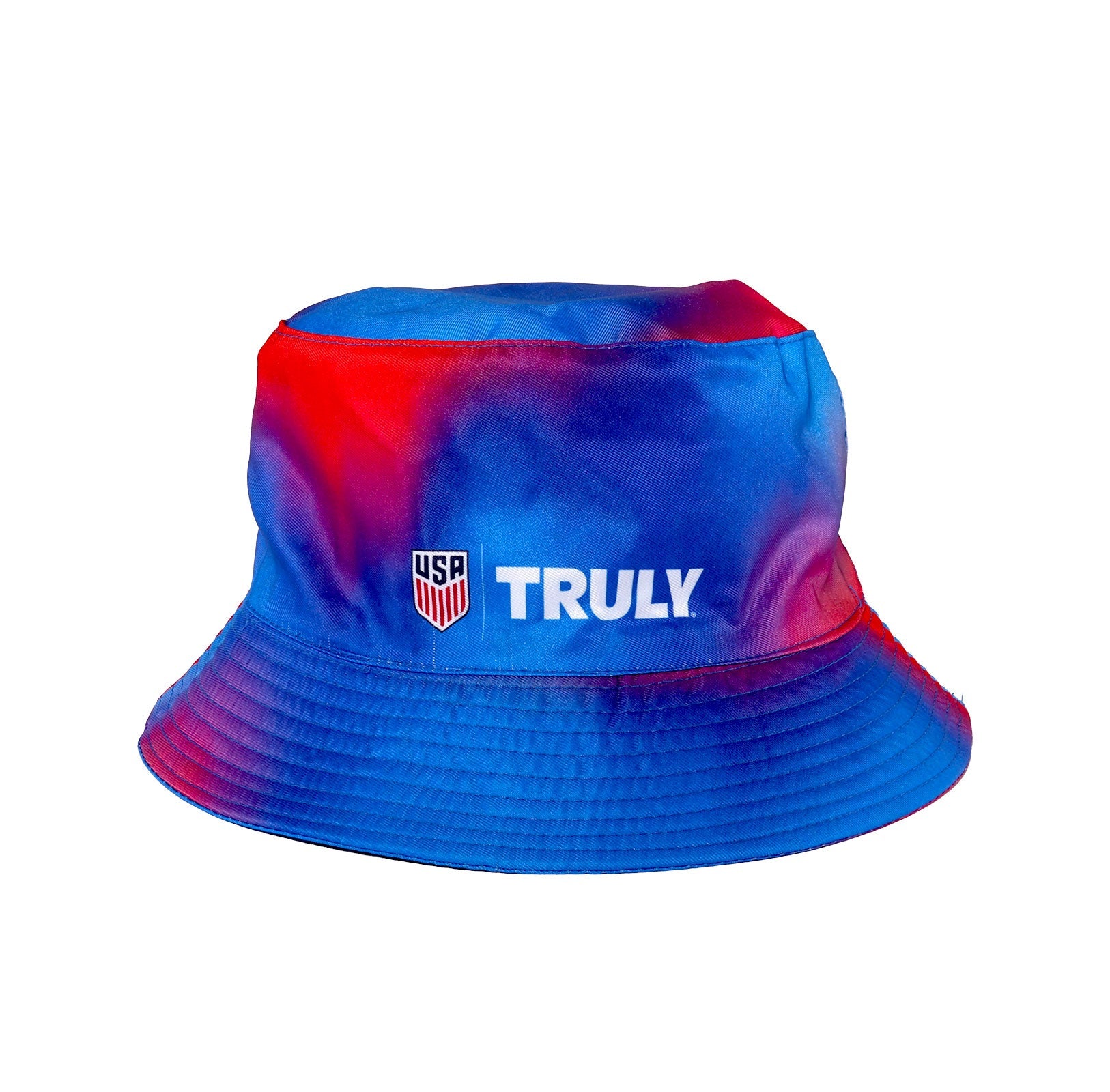 Red and blue tie dye bucket hat with a USA logo and Truly logo in white text on the front of the hat