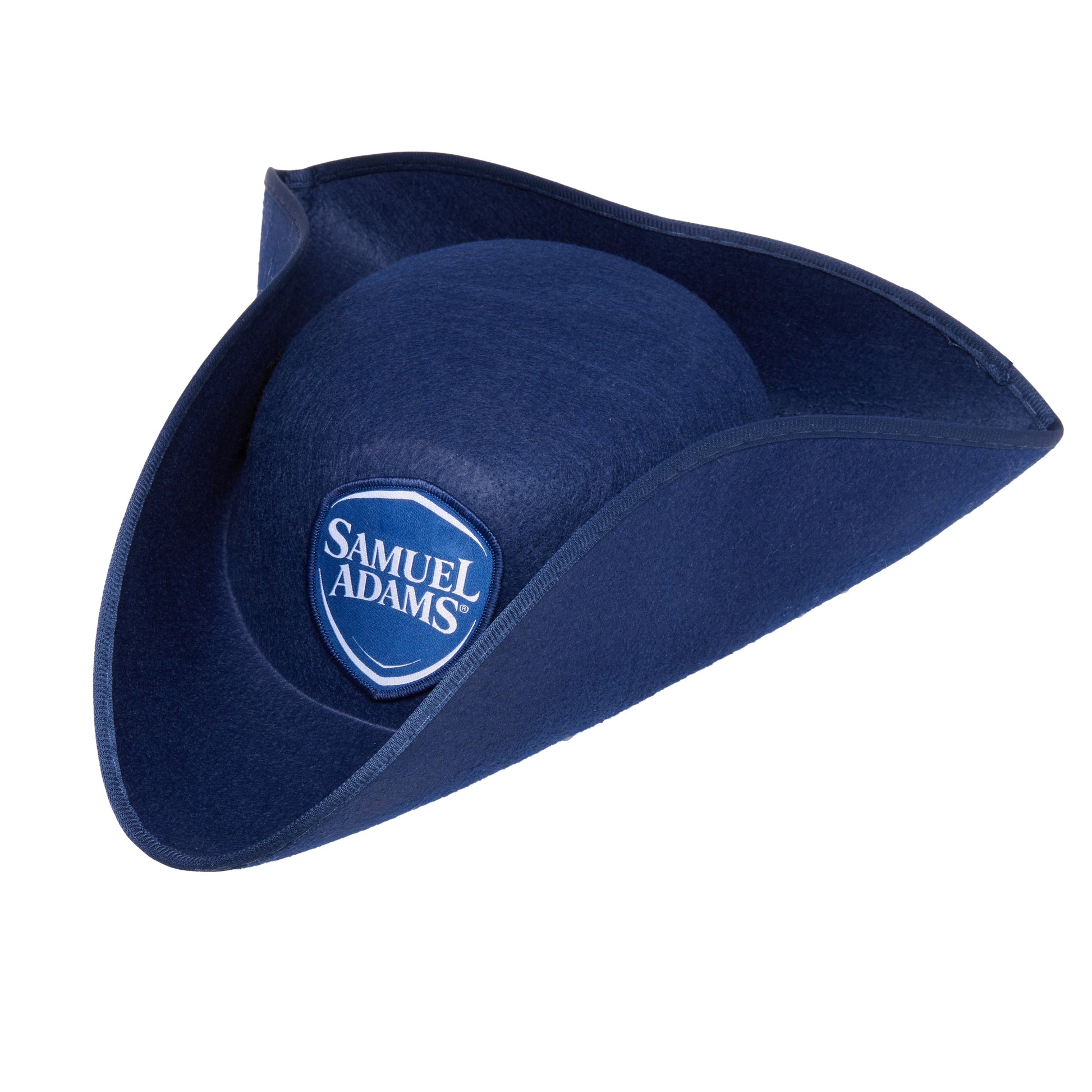 Samuel Adams tri‑corner hat in navy blue with classic colonial silhouette and Samuel Adams shield logo patch