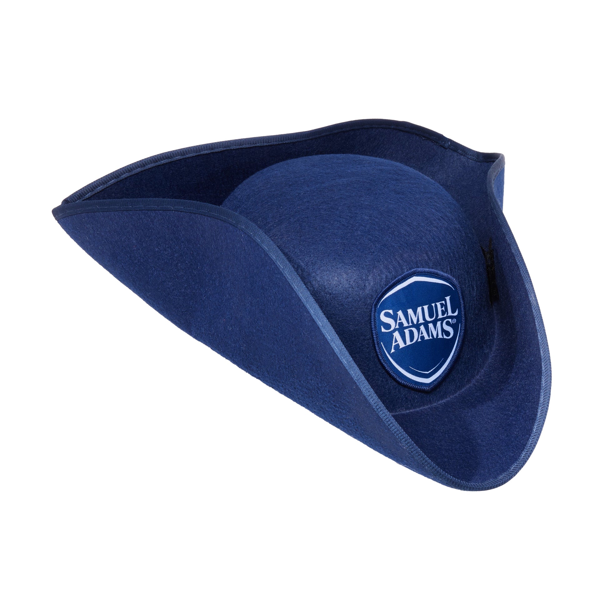 Samuel Adams navy blue tri‑corner hat with embroidered Samuel Adams logo patch, colonial‑style uniform accessory