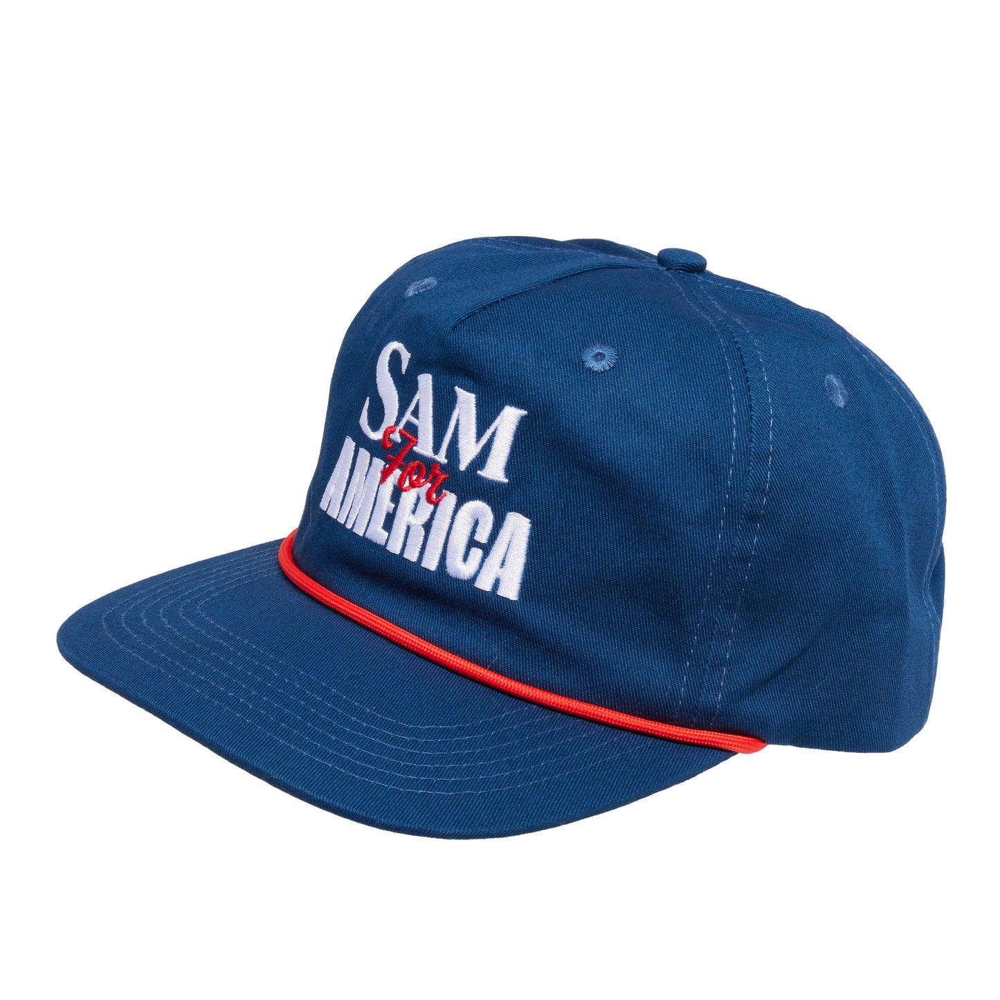 Angled front view of Samuel Adams 250 anniversary rope baseball hat in navy blue with bold white lettering, red accent stitching, and classic flat brim