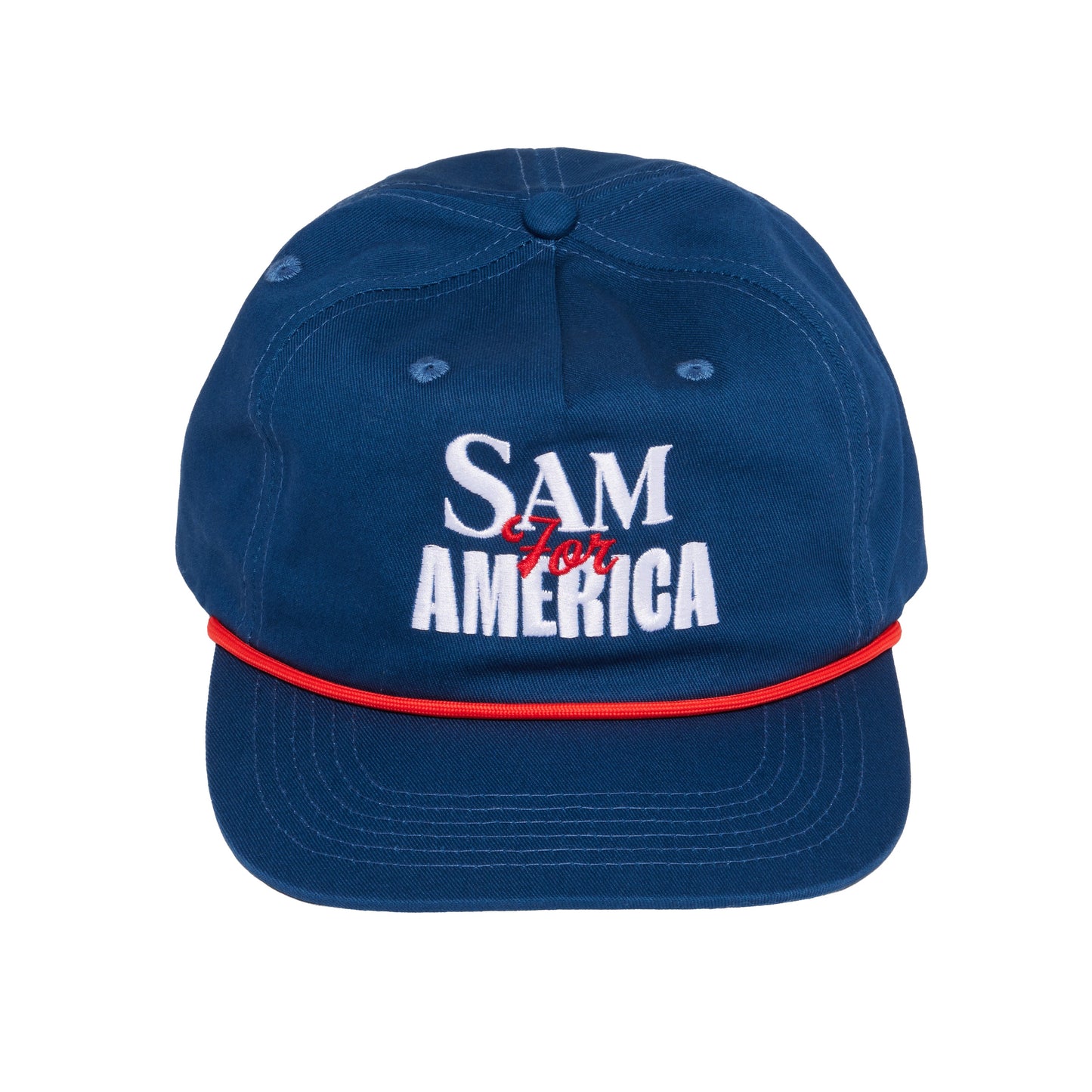 Navy blue Samuel Adams 250 rope baseball hat with white “SAM AMERICA” embroidered text, red script “for” detail, and red rope accent across the brim