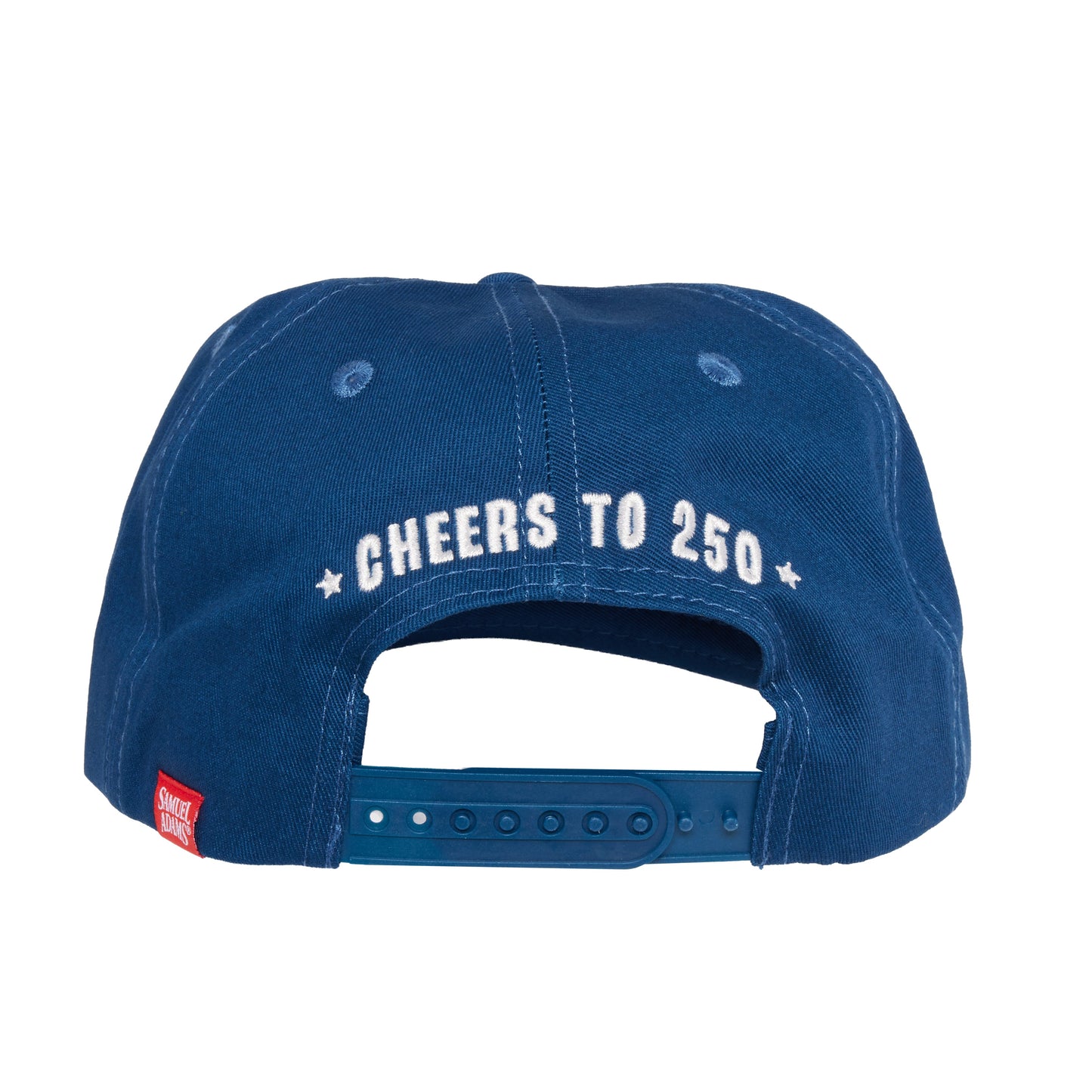 Back view of navy blue Samuel Adams 250 rope baseball hat with white “Cheers to 250” embroidered text, snapback closure, and small Samuel Adams tag