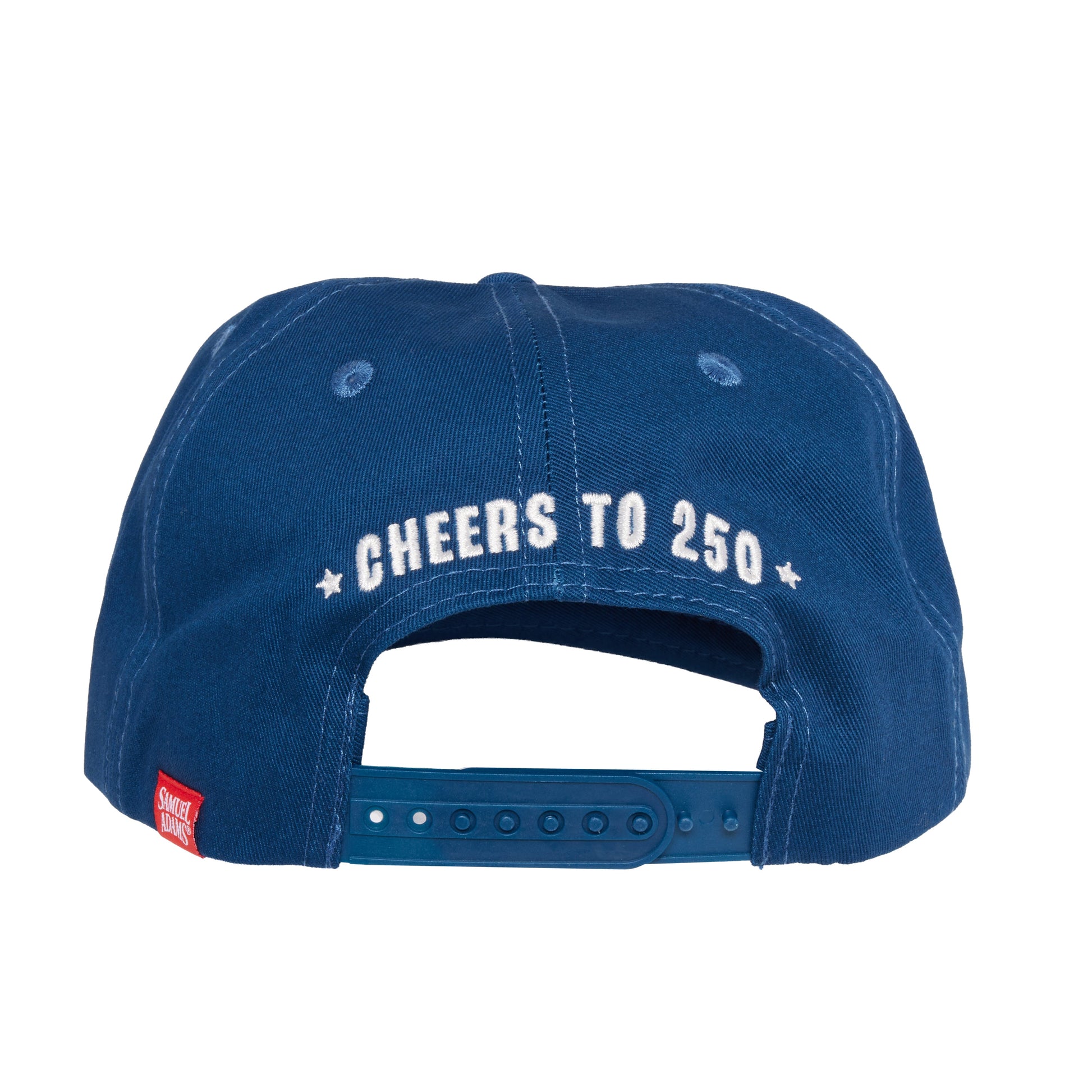 Back view of navy blue Samuel Adams 250 rope baseball hat with white “Cheers to 250” embroidered text, snapback closure, and small Samuel Adams tag