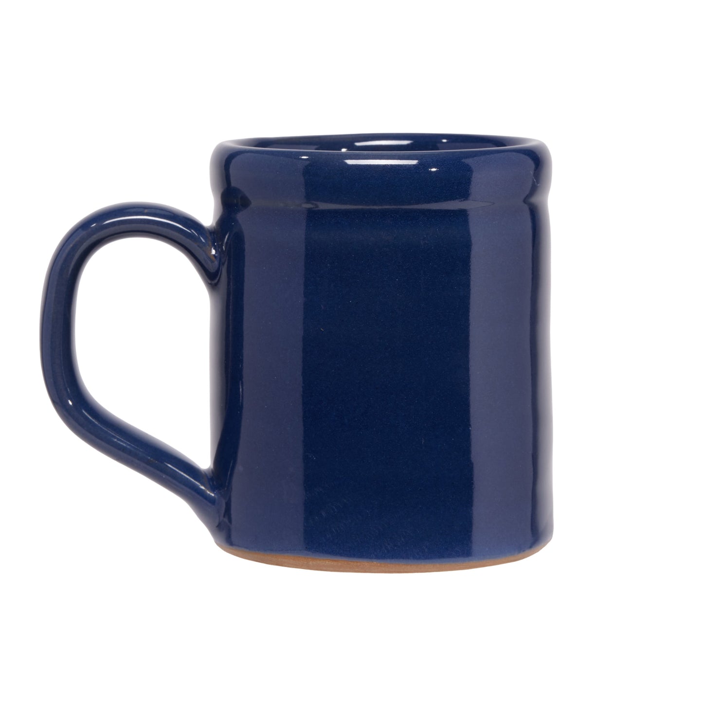 Back view of heritage blue ceramic mug with glossy finish and classic handle design