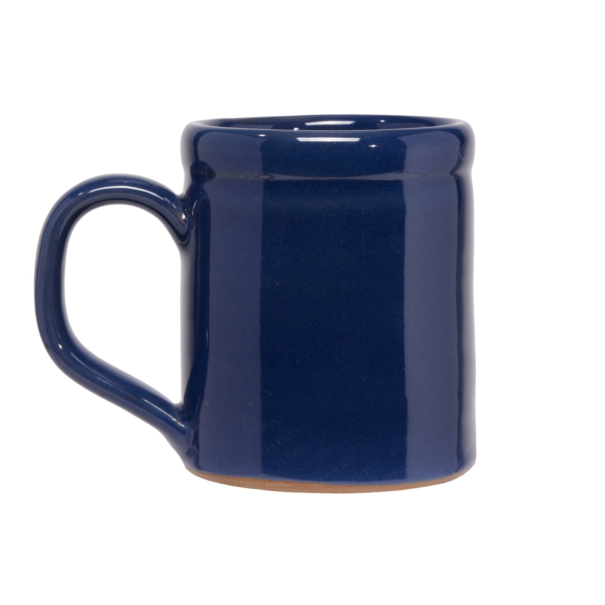 Back view of heritage blue ceramic mug with glossy finish and classic handle design