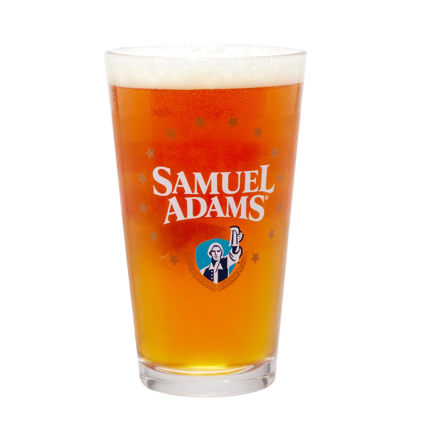 Samuel Adams Summer 250 pint glass filled with golden beer, featuring Samuel Adams logo and star accents