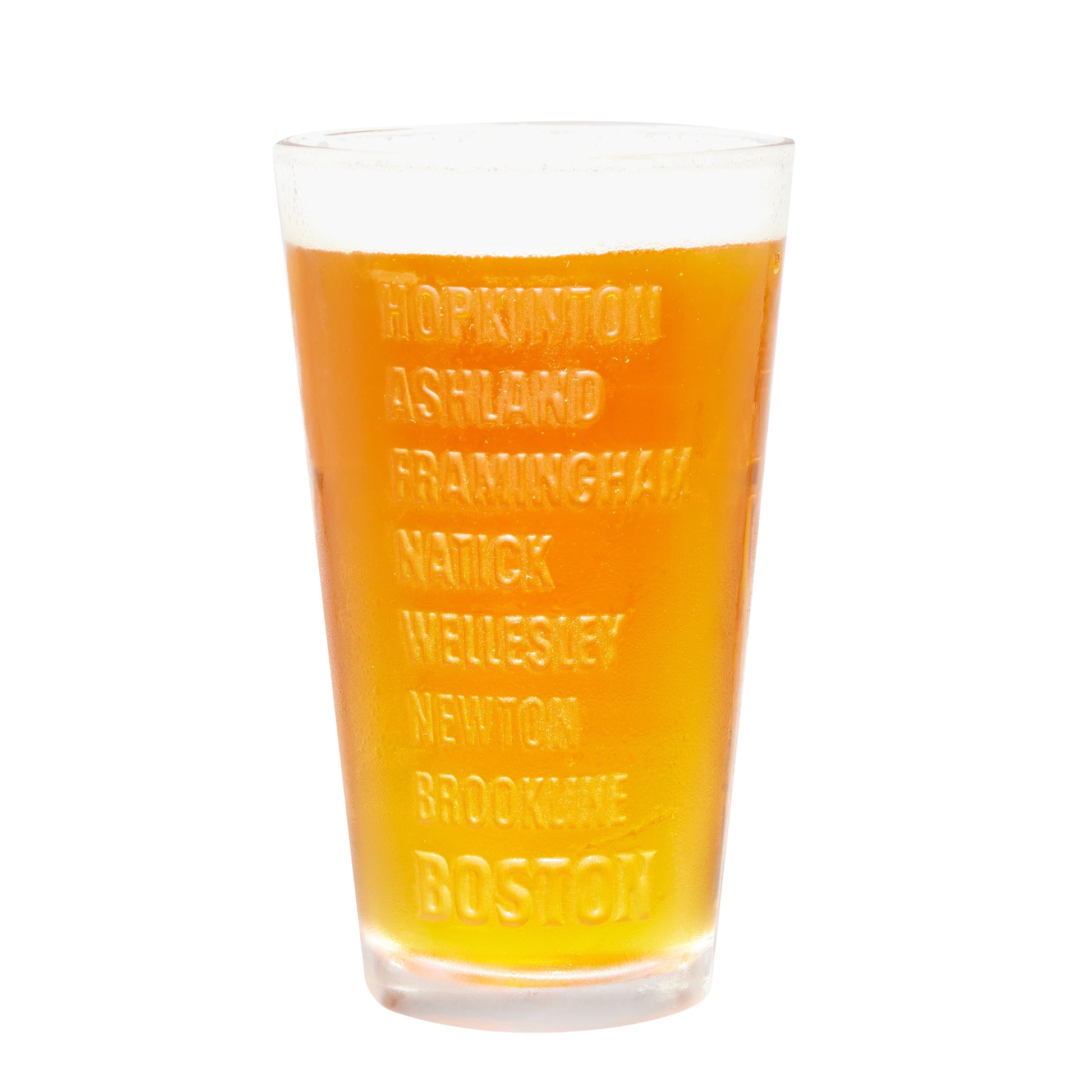 Embossed marathon shaker pint glass displaying raised names of Boston Marathon host cities including Hopkinton, Ashland, Framingham, Natick, Wellesley, Newton, Brookline, and Boston, filled with golden beer.