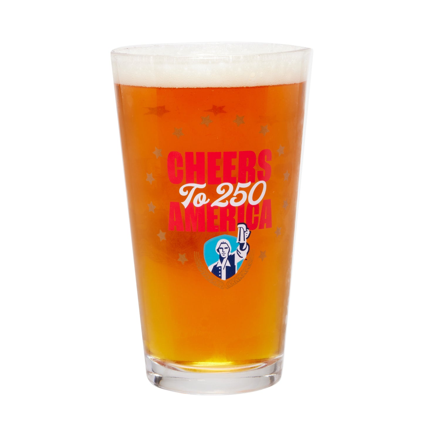Samuel Adams Summer 250 pint glass with “Cheers to 250 America” design and a Samuel Adams hoist logo, shown filled with beer