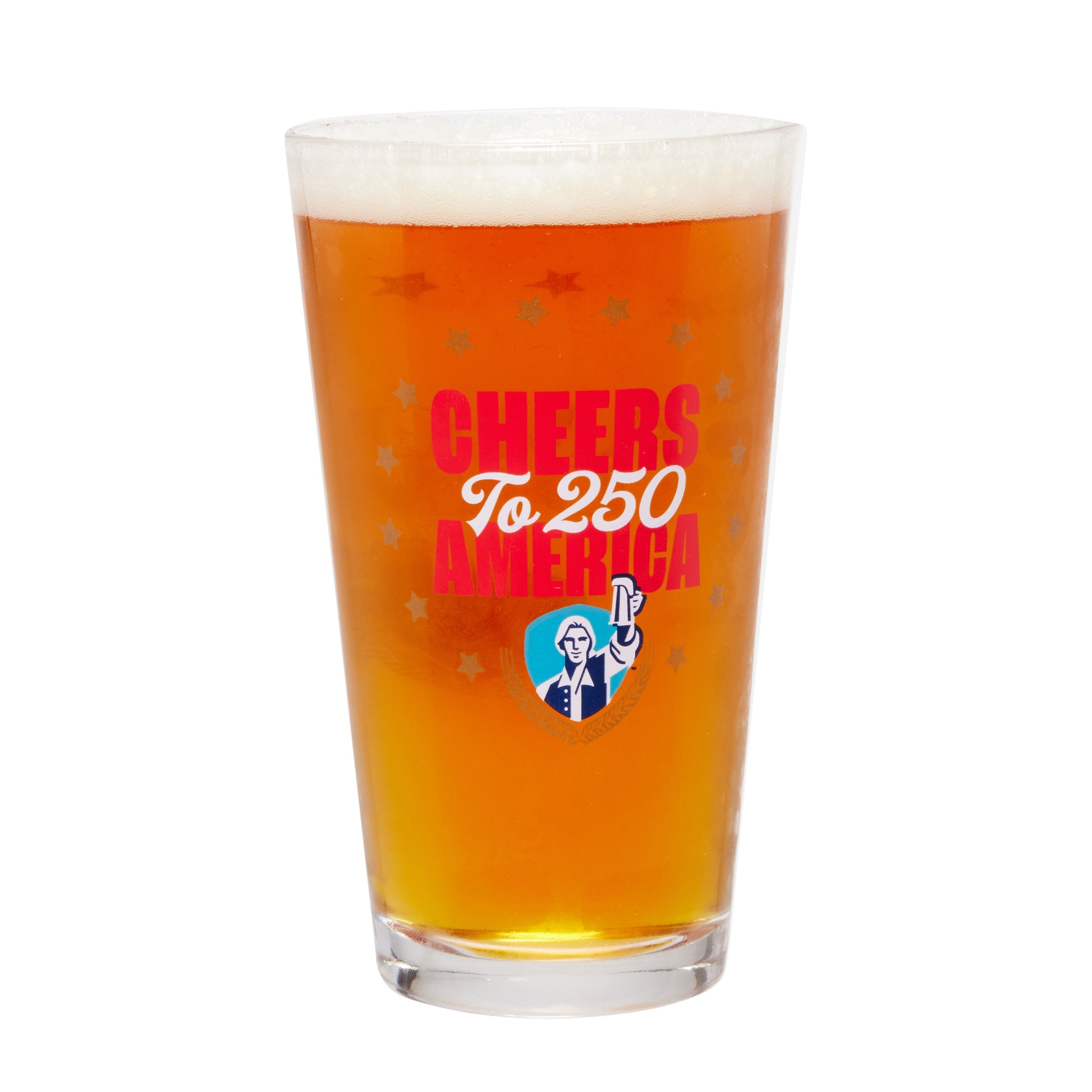 Samuel Adams Summer 250 pint glass with “Cheers to 250 America” design and a Samuel Adams hoist logo, shown filled with beer
