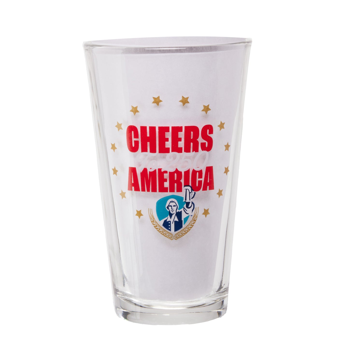 Empty Samuel Adams Summer 250 pint glass featuring “Cheers to 250 America” graphic, Samuel Adams shield hoist logo and gold star details