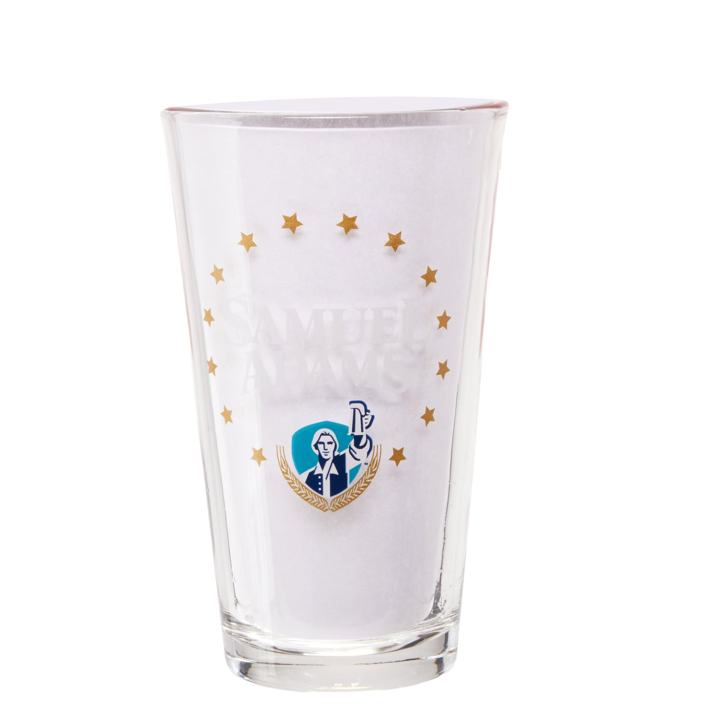 Back view of Samuel Adams Summer 250 pint glass with patriotic stars and Samuel Adams  hoist shield logo.
