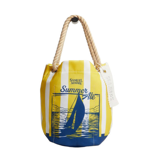 Yellow Summer Ale sailboat beverage bag with rope handle, featuring nautical sailboat artwork and blue accent base