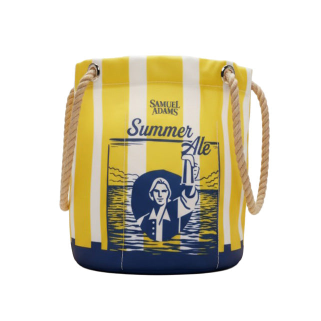 Back view of yellow Summer Ale beverage bag with rope drawstring and a navy Samuel Adams shield hoist logo over a nautical illustration and "Summer Ale" in cursive font