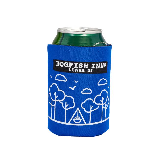 The INN 12oz Can Cooler by Grandstand Glassware & Apparel features “Dogfish Head INN Lewes, DE” above white trees, birds, and a tent on a green cooler with blue sleeve—ideal for keeping your craft beer cold.