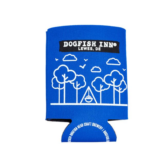 The INN 12oz Can Cooler by Grandstand Glassware & Apparel is a blue can cooler with the Dogfish Head INN logo, Lewes, DE, and white tree, bird, and tent outlines—ideal for keeping your craft beer cold.