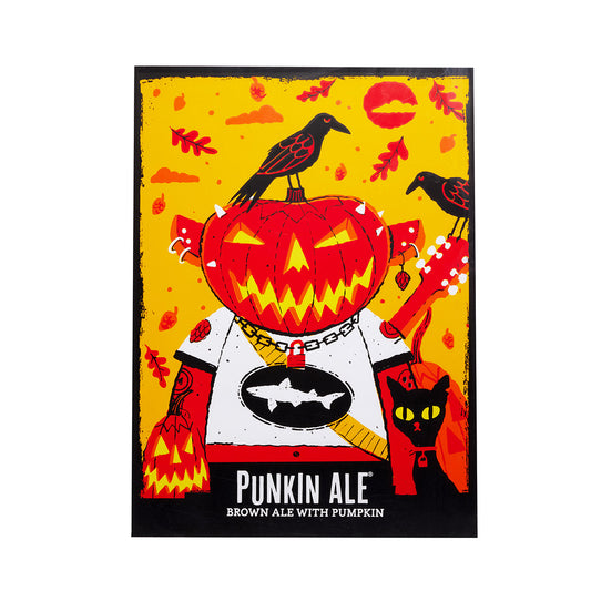 Screenprint illustration of a pumpkin‑headed figure wearing a white shirt, with carved jack‑o’‑lantern facial features glowing yellow. Black birds perch on the pumpkin head and shoulder against a bright yellow background filled with falling leaves. The text “Punkin Ale—Brown Ale with Pumpkin” appears at the bottom.