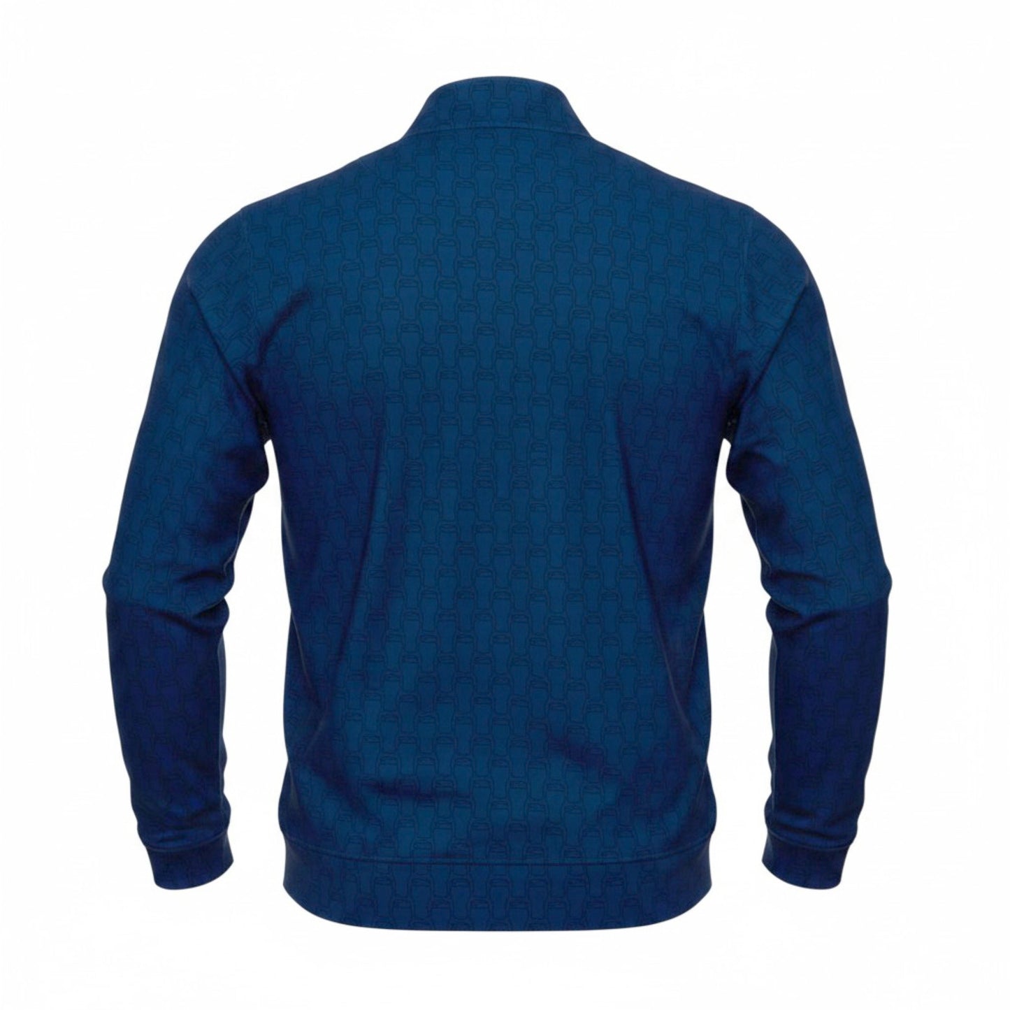 Back view of Samuel Adams Perfect Pint navy quarter zip jacket showcasing all-over tonal pint glass print design