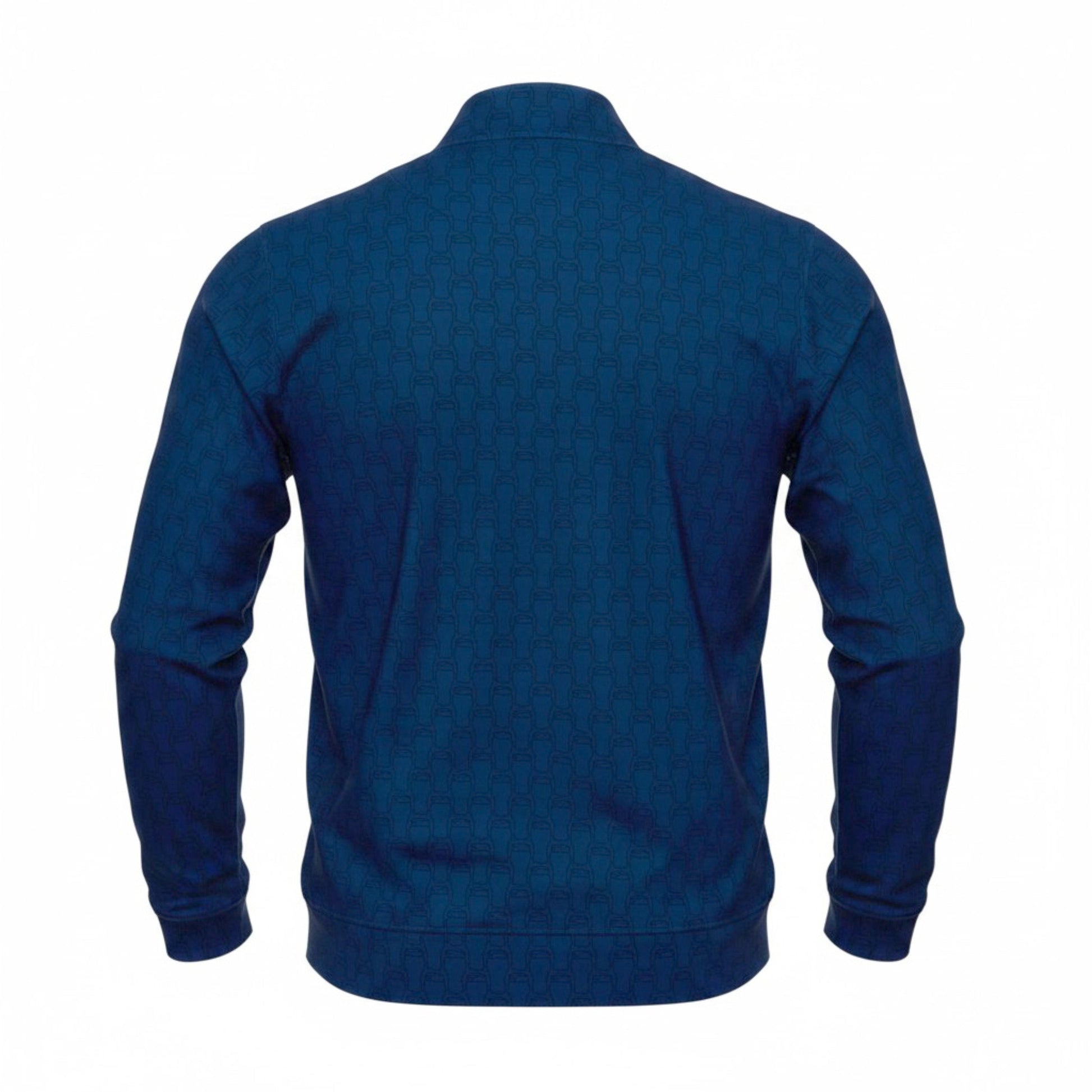 Back view of Samuel Adams Perfect Pint navy quarter zip jacket showcasing all-over tonal pint glass print design