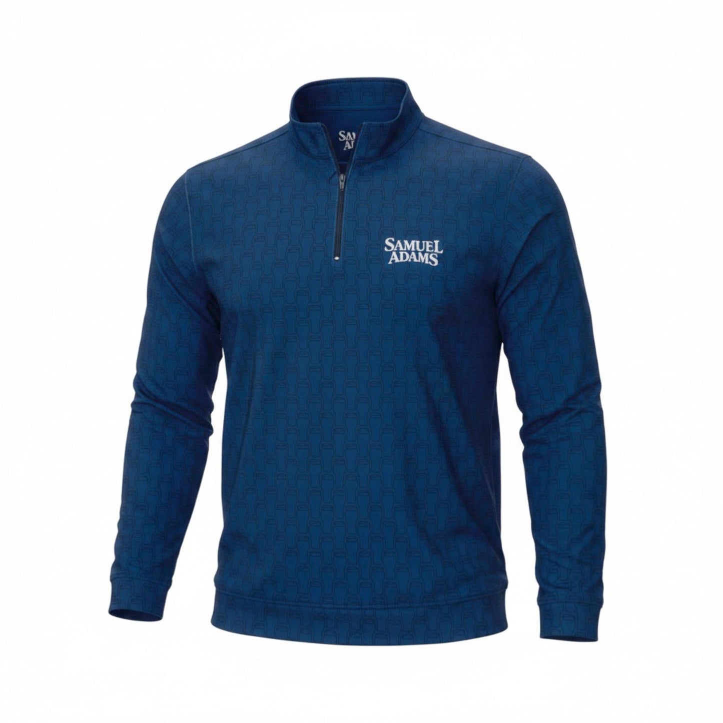 Front view of Samuel Adams Perfect Pint quarter zip pullover in navy with mock neck, half zip closure, and branded Samuel Adams chest logo