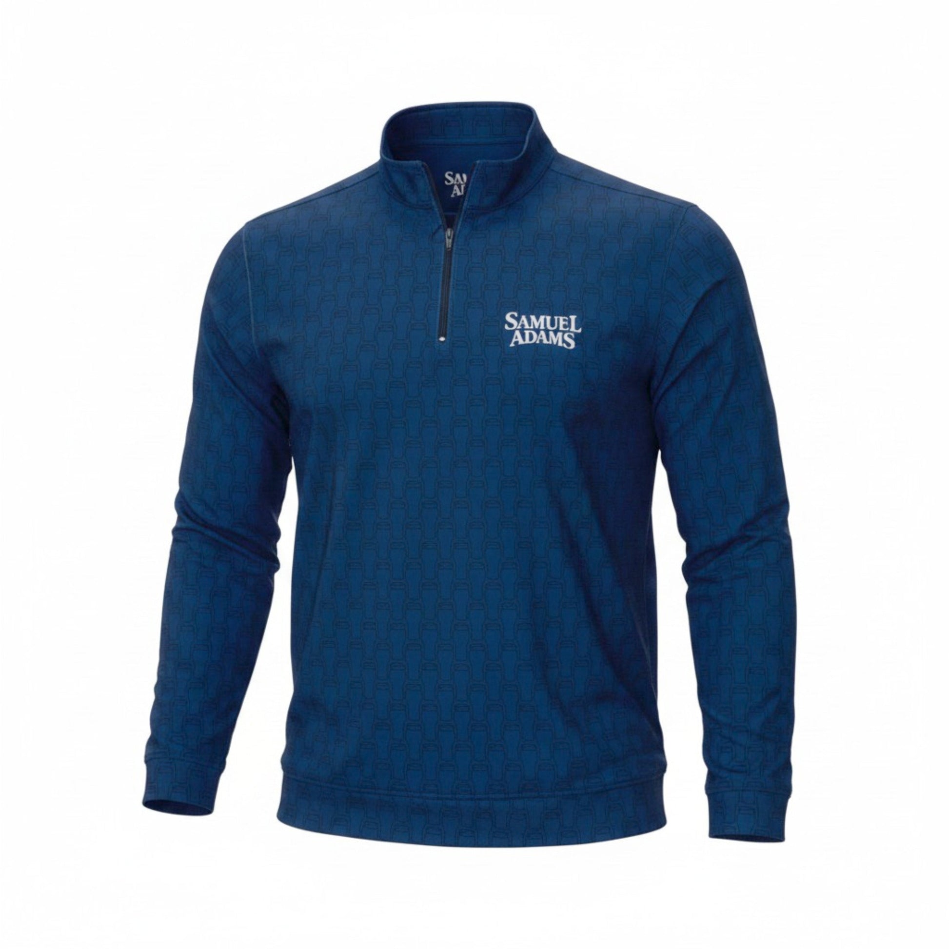 Front view of Samuel Adams Perfect Pint quarter zip pullover in navy with mock neck, half zip closure, and branded Samuel Adams chest logo
