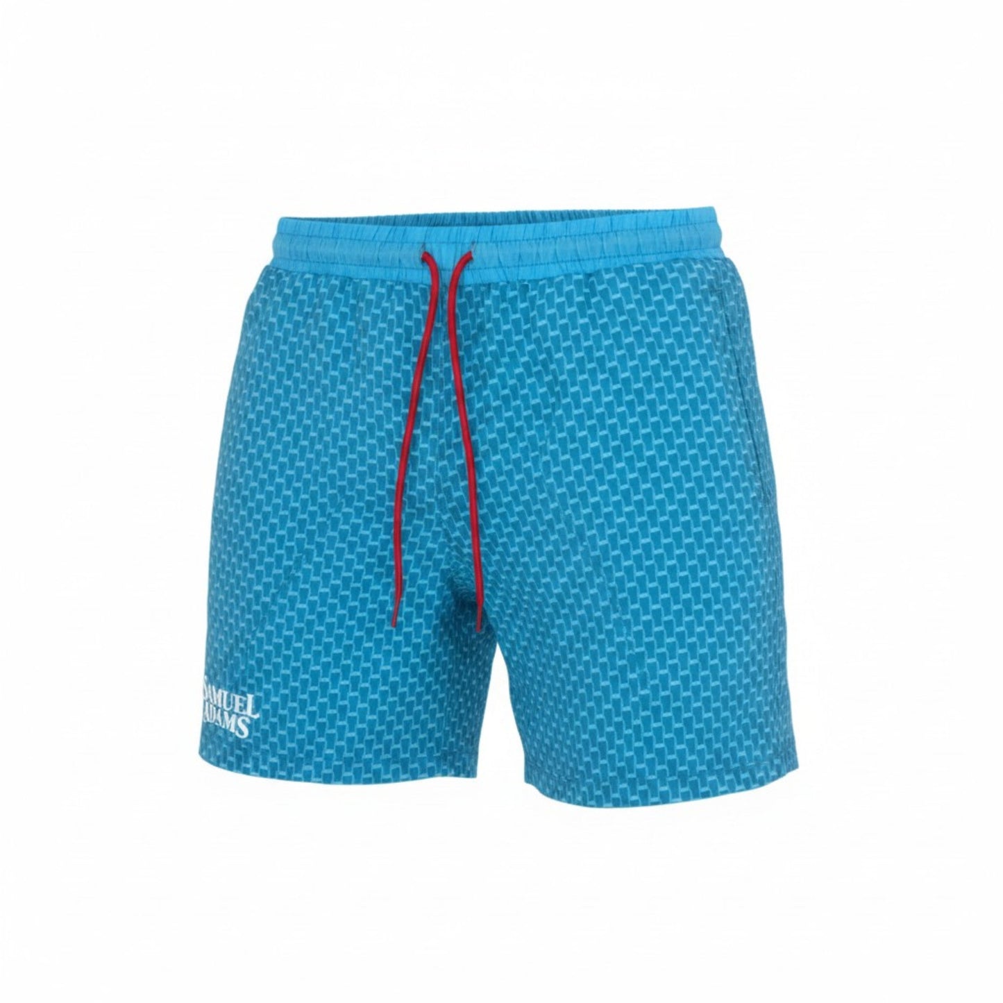 Samuel Adams blue pint pattern swim trunks with elastic waistband, red drawstring, and white Samuel Adams logo detail