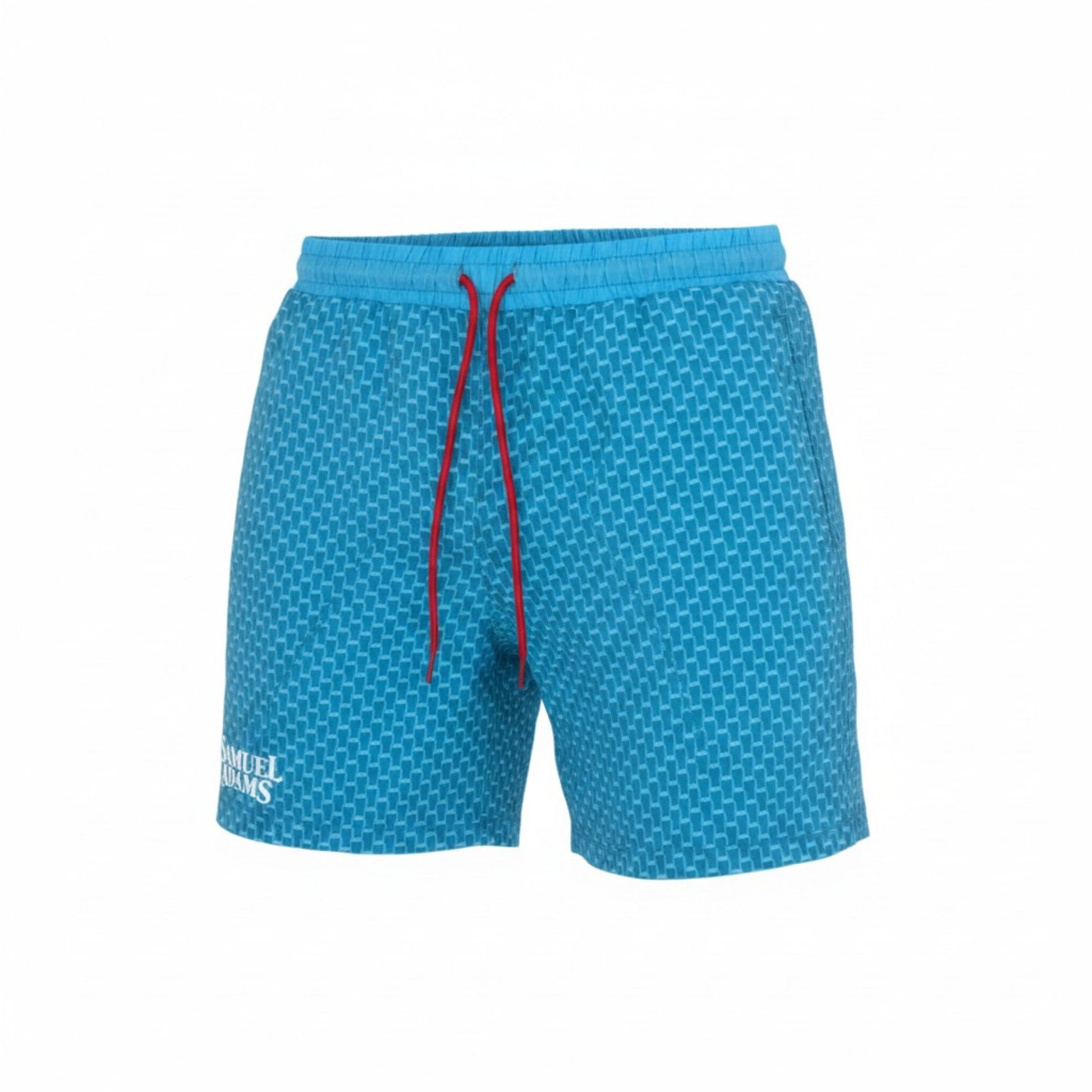 Samuel Adams blue pint pattern swim trunks with elastic waistband, red drawstring, and white Samuel Adams logo detail