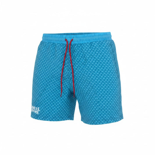 Samuel Adams blue pint pattern swim trunks with elastic waistband, red drawstring, and white Samuel Adams logo detail
