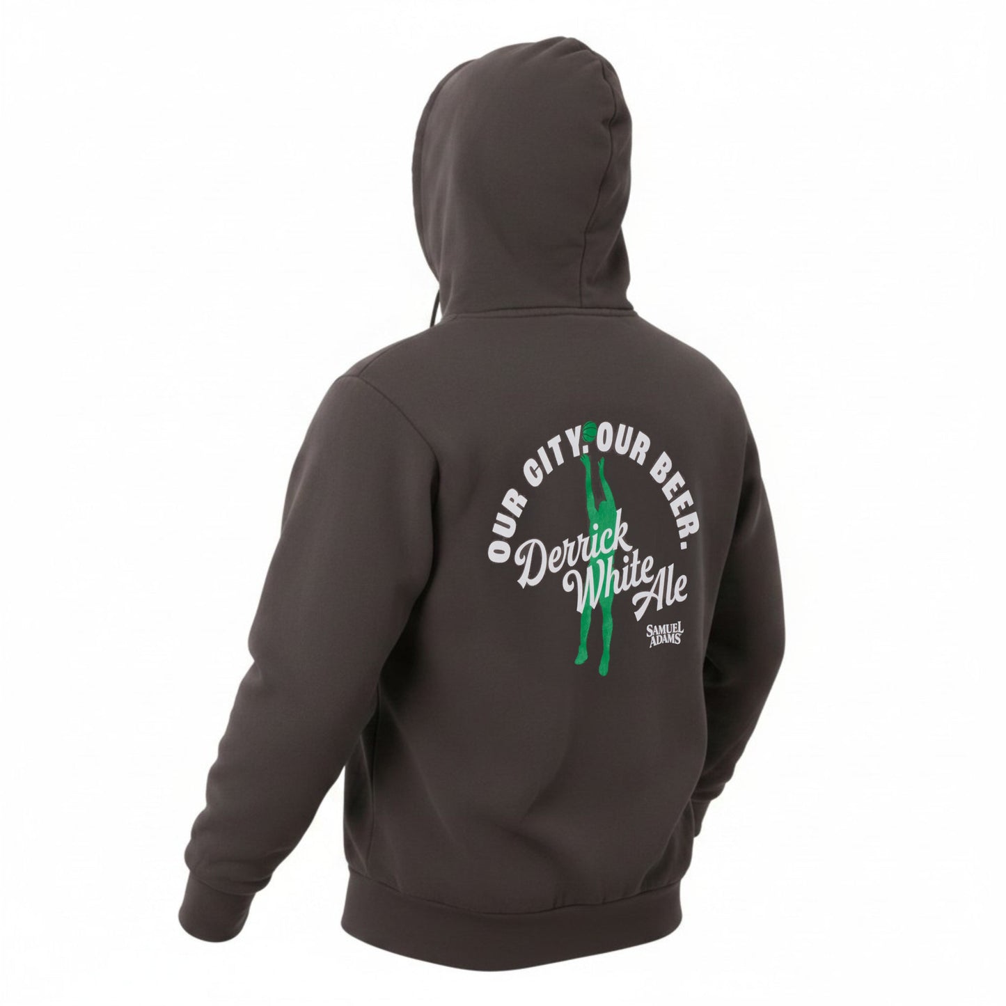 Back view of Samuel Adams Derrick White Ale hoodie in grey featuring large “Our City Our Beer” graphic with green basketball player silhouette and logo
