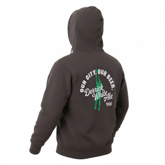 Back view of Samuel Adams Derrick White Ale hoodie in grey featuring large “Our City Our Beer” graphic with green basketball player silhouette and logo
