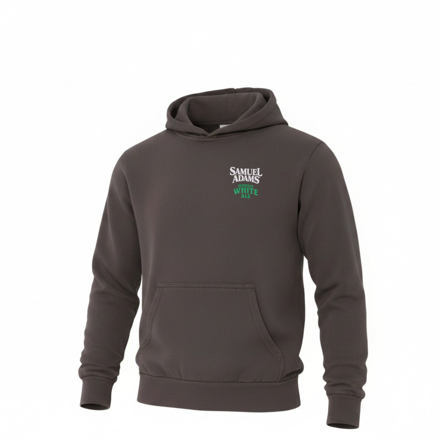 Front view of Samuel Adams Derrick White Ale hoodie in grey with chest logo, pullover hood, and kangaroo pocket