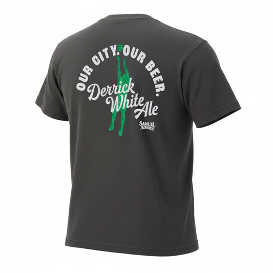 Back view of Samuel Adams Derrick White Ale t-shirt in dark gray featuring “Our City Our Beer” graphic with green basketball player silhouette and large logo print