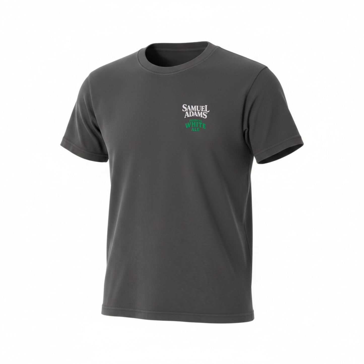 Front view of Samuel Adams Derrick White Ale t-shirt in dark gray with small chest logo, classic crewneck fit, and short sleeves
