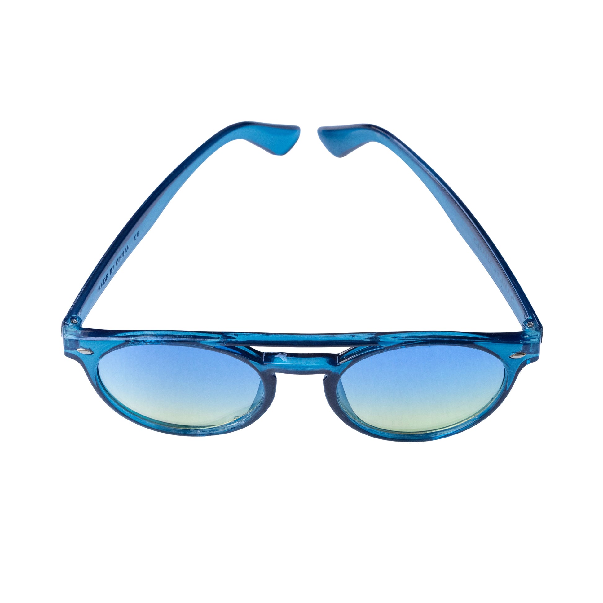 Samuel Adams sunglasses with translucent blue plastic frame, rounded lenses featuring blue‑to‑yellow gradient tint, glossy finish, and matching blue interior arms shown from top‑down open view