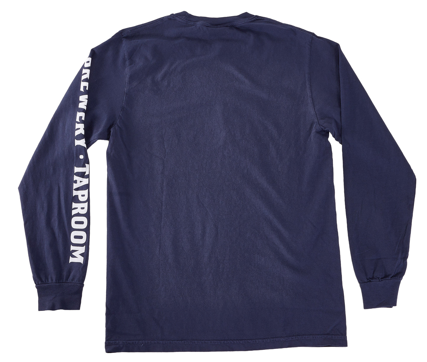 A navy blue long‑sleeve T‑shirt shown from the back. The shirt has ribbed cuffs and no graphics on the back, but the right sleeve features bold white vertical text reading “BREWERY · TAPROOM.” The fabric appears soft with a slightly textured finish.