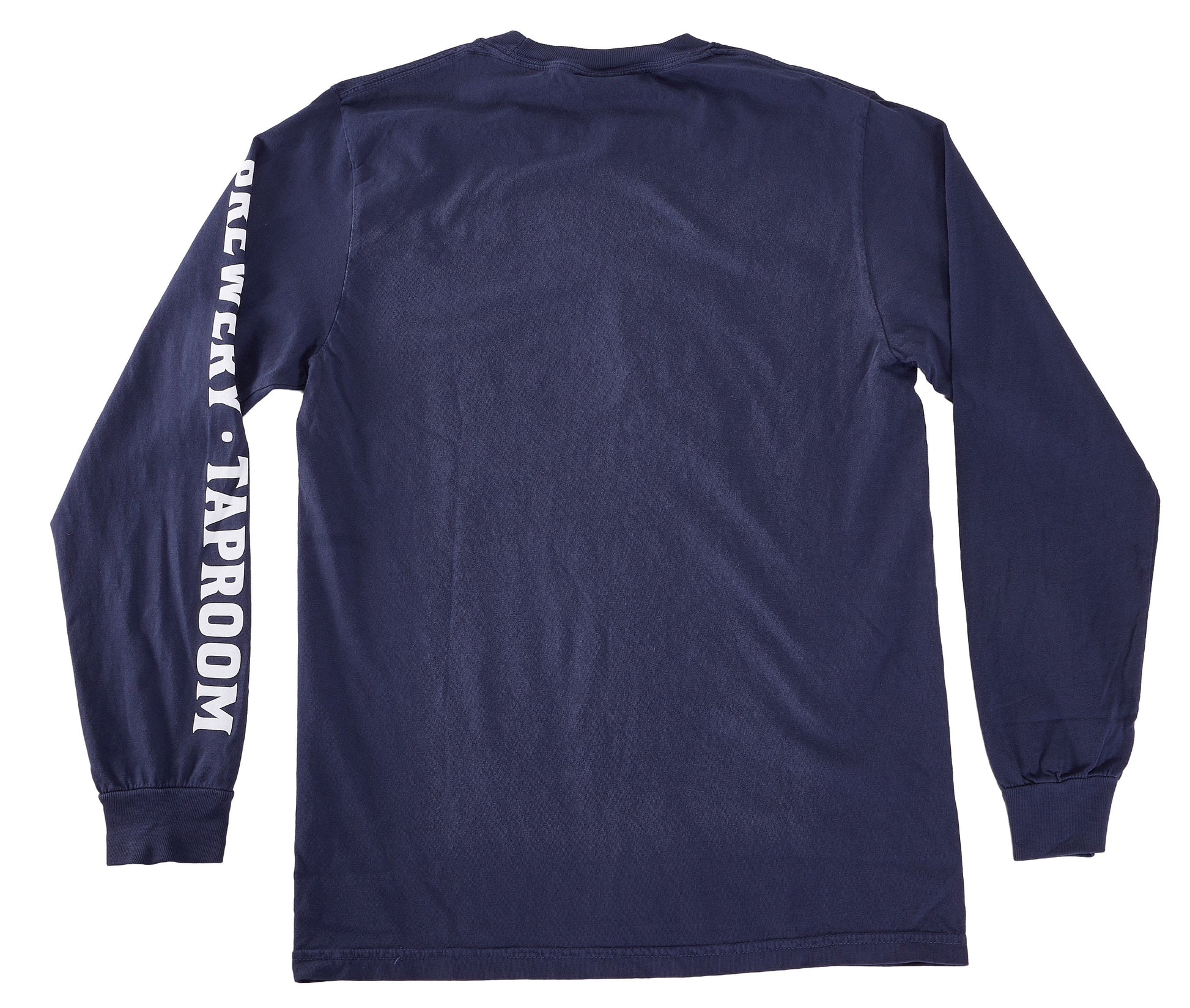 A navy blue long‑sleeve T‑shirt shown from the back. The shirt has ribbed cuffs and no graphics on the back, but the right sleeve features bold white vertical text reading “BREWERY · TAPROOM.” The fabric appears soft with a slightly textured finish.