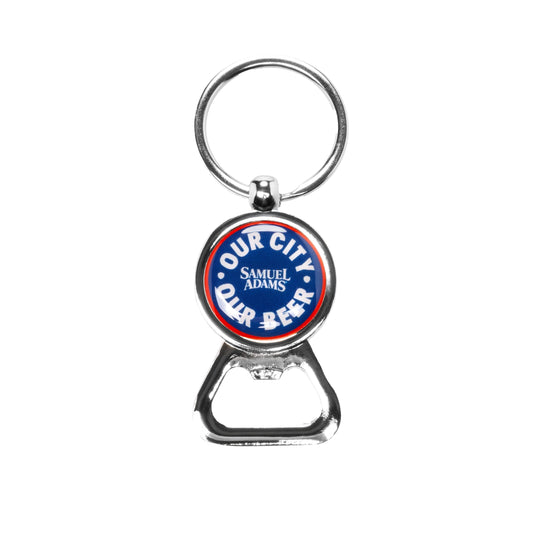Keychain with bottle opener featuring 'Our City, Our Beer' text on a white background
