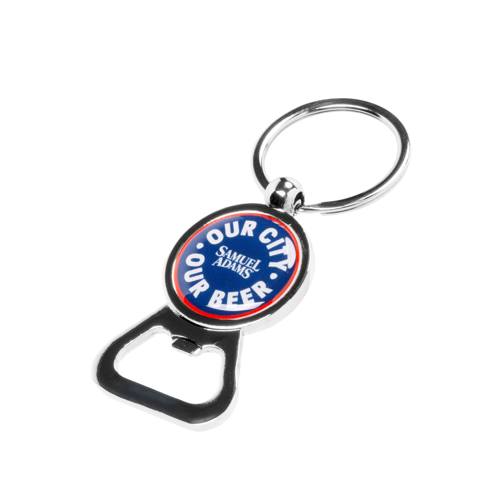 Keychain with bottle opener featuring 'Our City, Our Beer' text on a white background