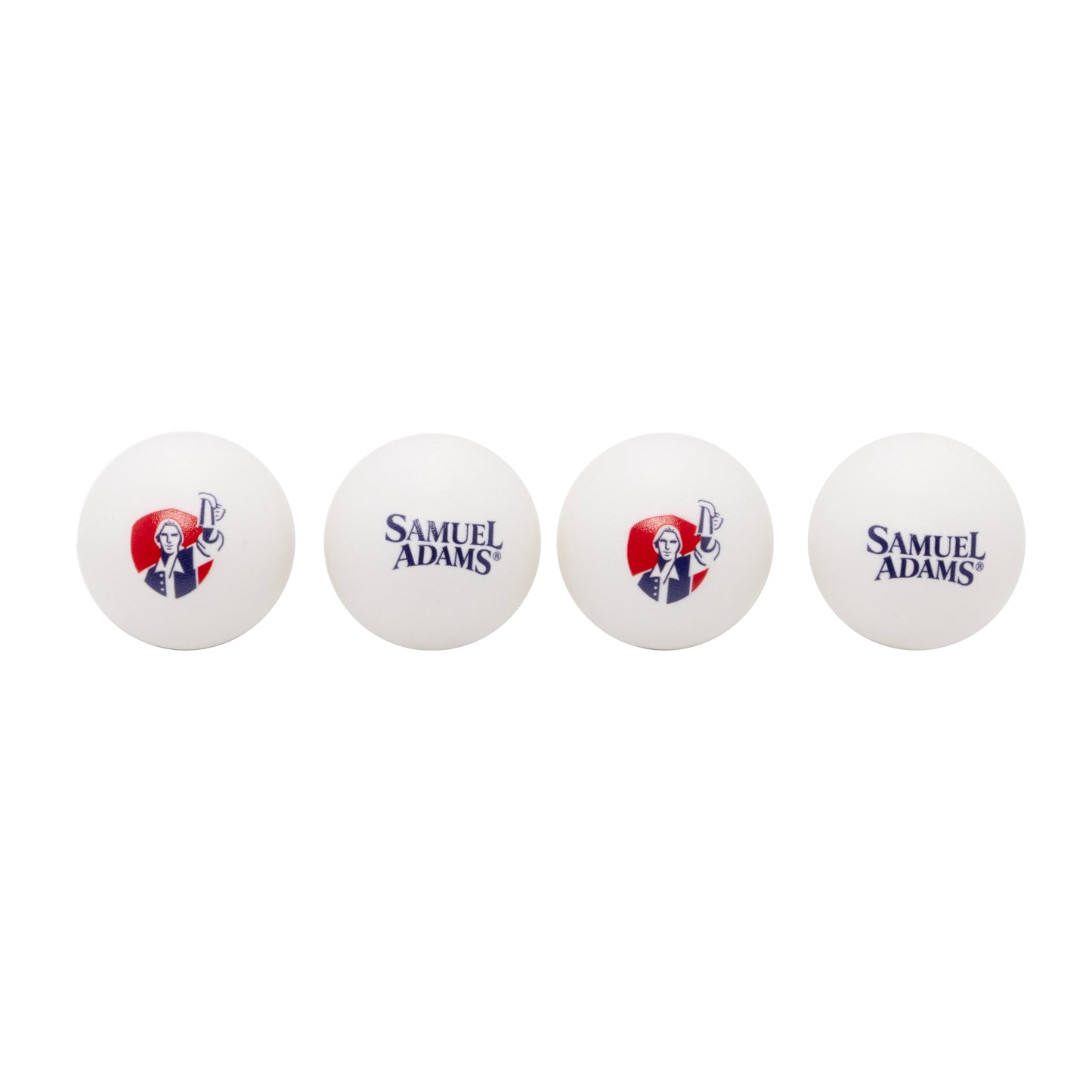 Four white ping pong balls with Samuel Adams logos. 