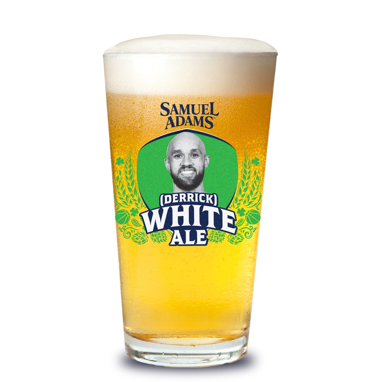 Filled pint glass with a Samuel Adams logo and a limited edition Derrick White Ale shield logo, stylized in navy and green 