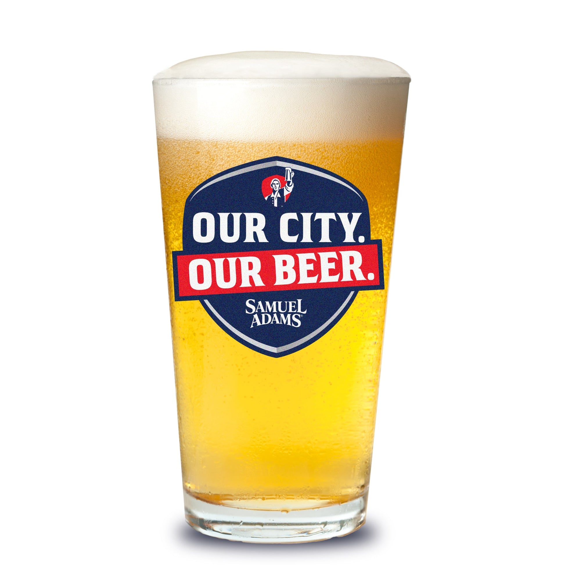 Pint glass of beer with Samuel Adams logo on a white background