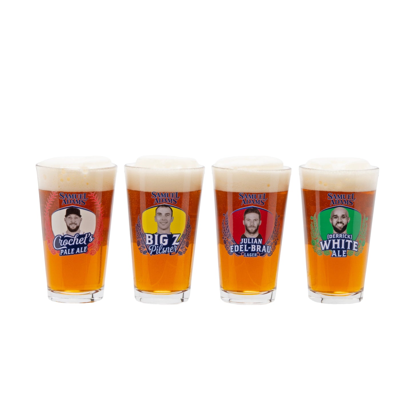 Four pints filled with beer with player headshots and Samuel Adams logo. 