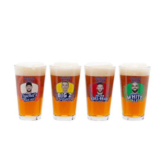 Four pints filled with beer with player headshots and Samuel Adams logo. 