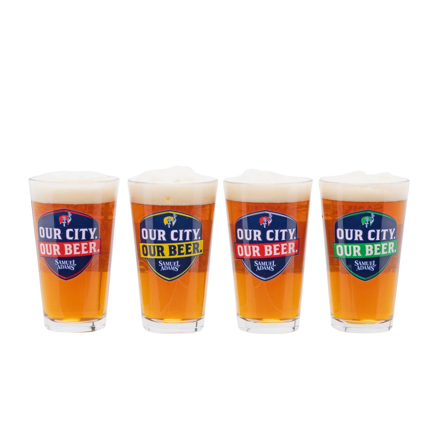 Four pint glasses filled with beer and logo Our City Our Beer.