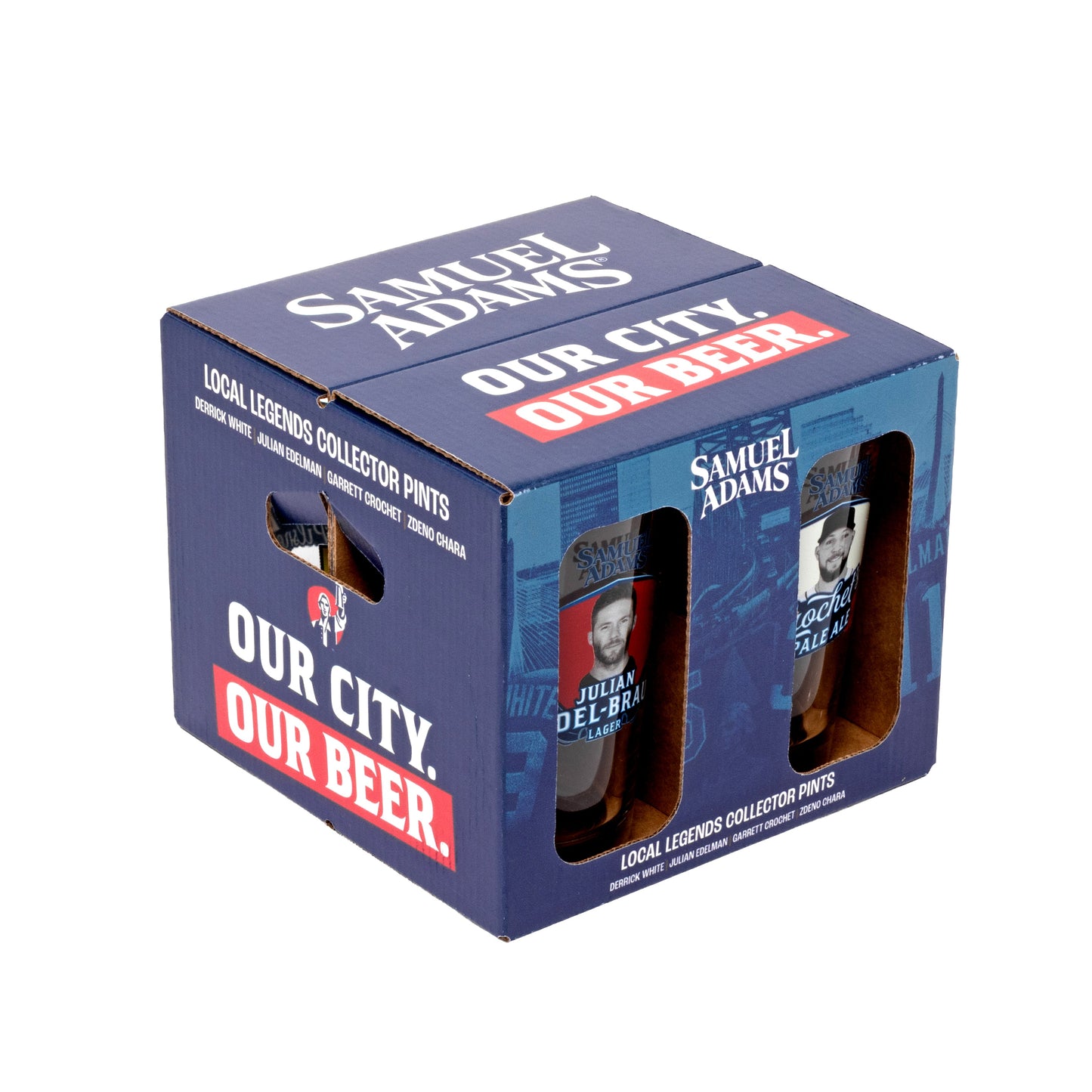 Navy box with Samuel Adams logo and Or City Our Beer text. Holds four pack of pint glasses. 